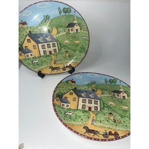 Set 2 Sango Green Acres 4873-20 Oval Dinner Plates 11 1/4"